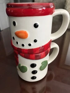 Hallmark Christmas Holiday Snowman Stackable Set of 2 Soup Coffee Cups Mugs - Picture 1 of 7