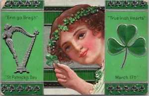 Vintage ST. PATRICK'S DAY geprägte Postkarte "True Irish Hearts" Pretty Lady 1910 - Bild 1 von 2