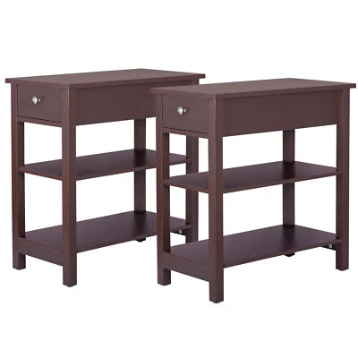 2 Piece 3 Tier 24"End Table Narrow Side Chairside Table 1 Drawer 2 Shelves Brown - Image 1 of 4