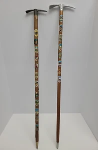 Lot of 2 Vtg German Souvenir Pick Axe Walking Stick Canes w/ 24 Total Badges - Picture 1 of 24
