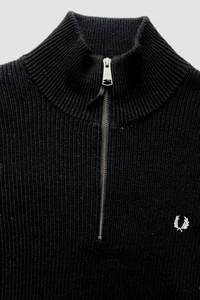 Fred Perry 1/4 zip ribbed jumper K4516 large black wool blend JUMA258 - Picture 1 of 6