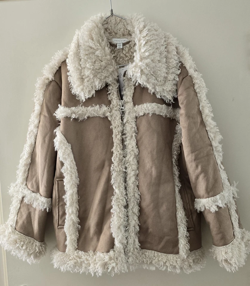 Topshop Petite Faux Leather Mid Length 70s Style Car Coat in tan-Brown UK 12-14 - Image 1 of 4