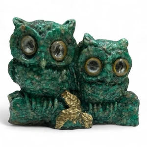 Vintage 2 OWLS Figurine, Green Crushed Stone In Resin, 1960s - Picture 1 of 8