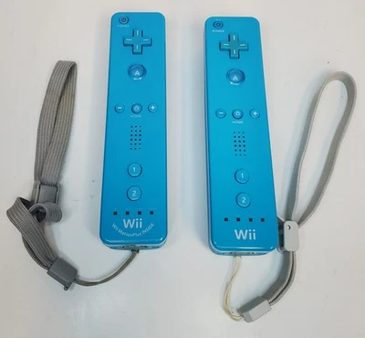 Nintendo Wii Official (RVL-036 & RVL-003) Blue Remotes w. Wrist Straps - TESTED - Image 1 of 4