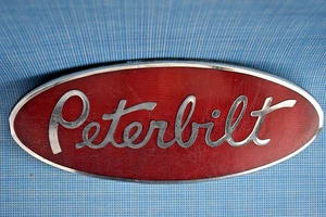 Vintage 8" Red & Chrome Peterbilt Semi Truck Metal Badge Enamel Emblem Oval - Picture 1 of 7