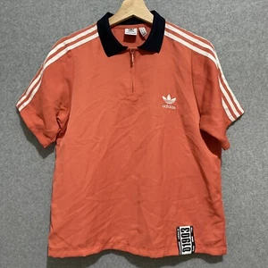 adidas Top Womens Size Medium M Zip Neck Polo Embroidered Pink Nylon Tri Stripe - Picture 1 of 12