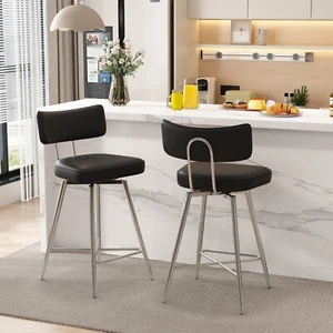 Swivel Bar Stools, Leather Kitchen Stools with Back Footrest Metal Legs - Picture 1 of 68