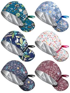 6 Pcs Satin Lined Scrub Caps Women Nurse Surgical Hat with Buttons Ponytail W... - Picture 1 of 6