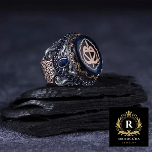 Arabic Letter Design,Blue Amber Stone,Handmade Engraving,925K Silver Men's Ring - Picture 1 of 12