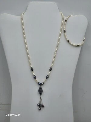 Fine Vtg Sterling Silver Genuine Multicolored Pearl/Gems Necklace And Bracelet  - Image 1 of 4