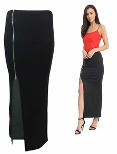 NEW LADIES WOMEN ZIP FRONT SPLIT SIDE SLIT LONG STRETCH BODYCON LOOK MAXI SKIRT - Picture 1 of 5