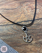 NEW Silver Colour Black Gem Pentagram Star Moon Wicca Pagan Gothic Boho Necklace