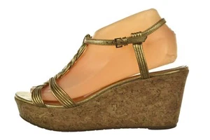 Kate Spade Womens Shoes Size 8.5 Gold Ankle Strap Wedges Leather Sandals - Picture 1 of 6