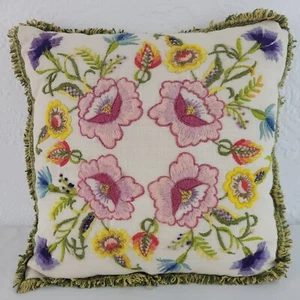 Floral Embroidered Pillow Linen Jacobean Crewel Multi Color Handmade Fringe 13" - Picture 1 of 3