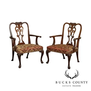 Georgian Style Vintage Custom Quality Carved Mahogany Pair Armchairs - Picture 1 of 12