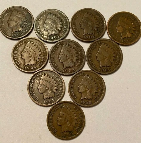 1900-1909 Indian Head Cent Penny Set Lot, 10 Coins Very Good+ Cover