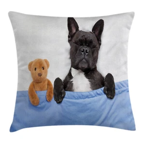 Animal Throw Pillow Case French Bulldog with Bear Square Cushion Cover 16 Inches - Picture 1 of 2