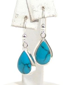 Sterling Silver Turquoise Dangle Earrings Teardrop French Wires - Picture 1 of 3