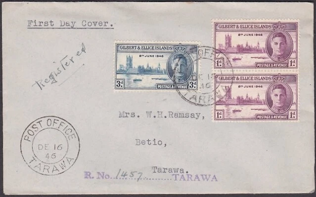 GILBERT & ELLICE IS 1946 Victory FDC registered ex Tarawa..................a3429 - Image 1 of 1