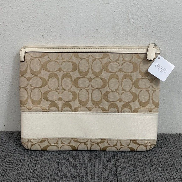 Coach Signature Stripe Tablet Sleeve Ipad Case Cover Khaki White Canvas F61716 - Image 1 of 4