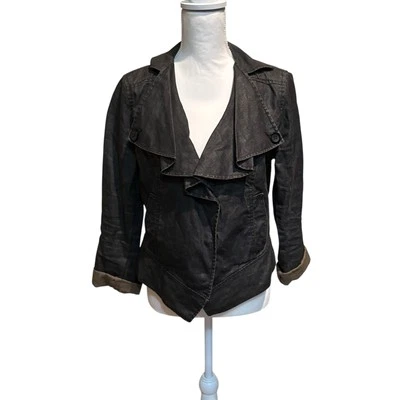 Cabi Womens Black Notch Neck Ruffle Long Sleeve Snap Front Linen Blazer Medium - Image 1 of 4