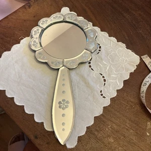 Pretty Silver Glass Hand Held Table Mirror With Floral Decor - Picture 1 of 4