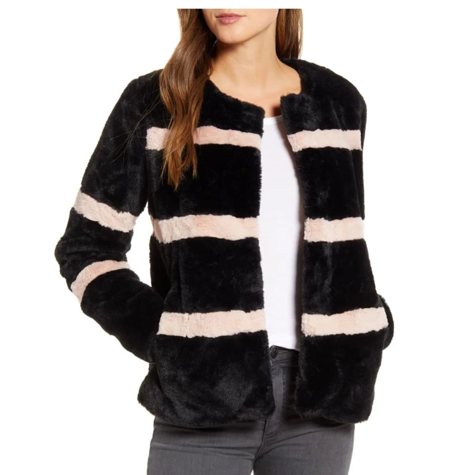 Rachel Parcell Stripe Faux Fur Jacket Black Pink Smoke S - Image 1 of 4