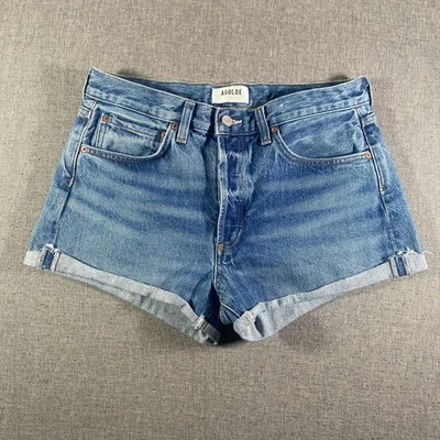 AGOLDE Parker Denim Shorts Distressed Blue Cuffed Raw Hem Women's Size 29 - Image 1 of 4
