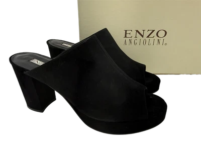 Enzo Angiolini COMO NUEVO Valle Negro Gamuza Mujer Talla 8 Punta Abierta Mules Tacones Bloque Foto 1 de 4