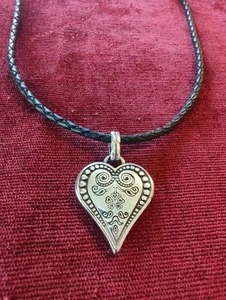 Brighton Ophelia Etched Silver Heart Pendant Necklace Braided Leather Cord -NWOT - Picture 1 of 4