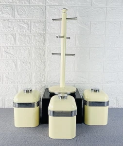 Swan Retro Beige Tea Coffee Sugar Chrome Canisters With Matching Cup / Mug Tree - Picture 1 of 13