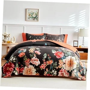 7 Piece Bed in a Bag Queen, Floral Comforter Sheet Queen-7pieces Floral Black - Picture 1 of 8