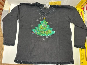 VTG QUACKER FACTORY BLACK KNIT CHRISTMAS TREE SEQUIN BEADS SWEATER SIZE XL- NWT - Picture 1 of 8