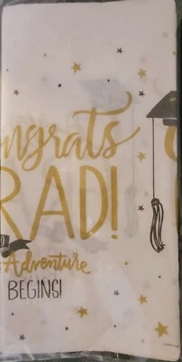 Graduation Table Covers White ‘The Adventure Begins’ 54”x108” 1/Pk Tablecloths - Image 1 of 2