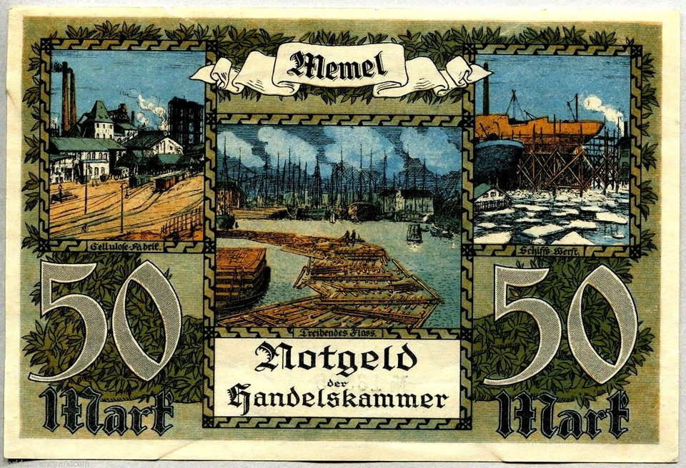 MEMEL LITHUANIA 50 MARK P7 1922 SHIP RAIL ROAD VILLAGE SCENE EURO AUNC RARE NOTE - Image 1 of 2