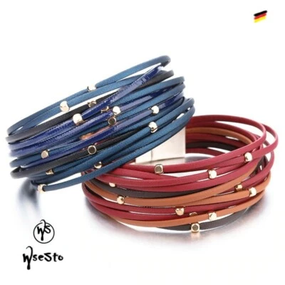 Damen Armband Leder Magnet Streifen Boho Geschenkidee 9 Farben von WS - Bild 1 von 4