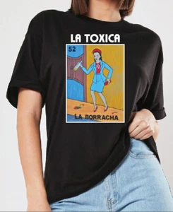 La Toxica Loteria Mexican Bingo Short Sleeve V-Neck Shirt Women Toxic Borracha - Picture 1 of 16