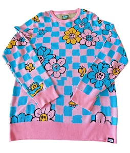 A-Lab RARE WOMENS "M" PRE-OWNED Crewbie Floral Checkerboard Cotton Blend Sweater - Picture 1 of 12