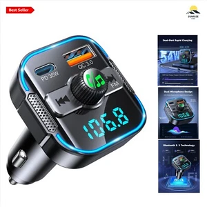 Bluetooth FM Transmitter Plastic Dual USB PD 36W Car Charger Hands-Free Kit - Picture 1 of 14