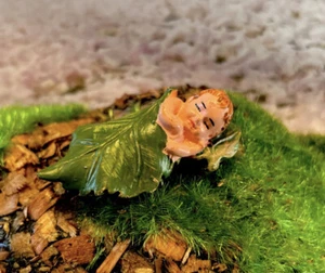 Fairy Garden Tiny Sleeping Fairy Baby On Green Leaf 1”In No Two Alike Handmade - Picture 1 of 2