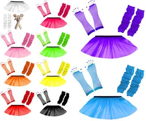 Child Tutu Skirt Kids Party Costume Fancy Dress Set Neon UV Gloves Leg Warmers - Picture 1 of 11