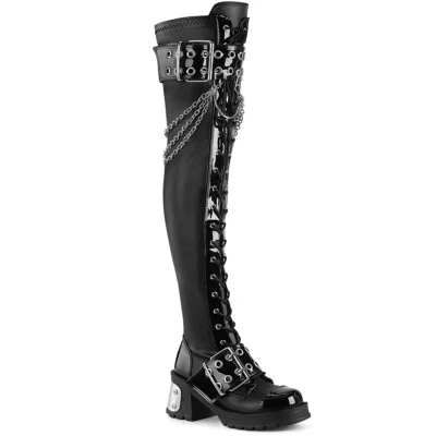 Botas Demonia BRATTY-304 2" Tacón Grueso Plataforma Sobre la Rodilla con Cadenas Hebillas Foto 1 de 4