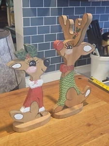 2 De Colección Hechos a Mano Pintados Navidad Madera Reno Mesa Decoración Vacaciones Rodolfo - Imagen 1 de 7