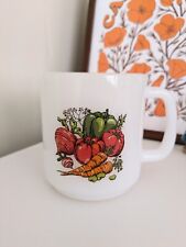 Glasbake Vintage Milk Glass Mug Vegetable Print White Coffee Cup with Handle