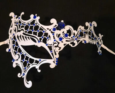 White Blue Crystal Lady Phantom Laser Masquerade Metal Filigree Mask - Image 1 of 3