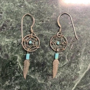 Sterling Silver Dream Catcher Dangle Earrings Southwestern Style Turquoise - Picture 1 of 4