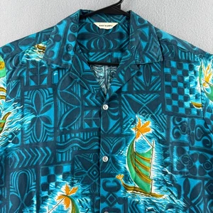 Vintage 60s Hawaiian Shirt Mens Large 23x29 Cotton Aloha Tiki Outrigger - Picture 1 of 11