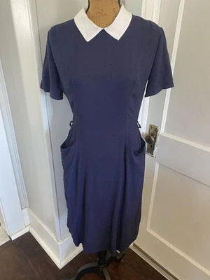 Винтажный 1940/50 темно-синий белый льняной воротник пунктирной Швейцарский платье карманы бюст 39» - Изображение 1 из 4