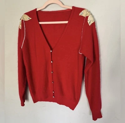 Suéter vintage rojo angora adornado con mangas de pascua y pedrería Foto 1 de 4