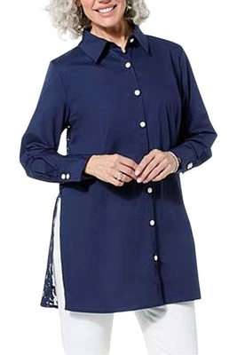 Topper para mujer Colleen Lopez tejido con botones delanteros con encaje trasero azul marino Foto 1 de 2